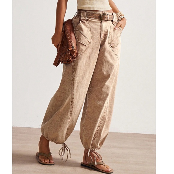 Mineral Wash Pockets Tie Cuff Denim Cotton Pants - Picture 3 of 7